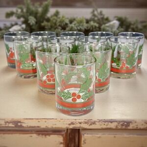 Vintage Libbey Holly & Berries 3 oz. Shot Jigger Glasses Christmas Set of 12‎